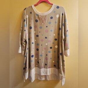 Honeyme Polka Dot Spots Beige 3/4 Sleeve Top High Low Gorgeous Cream Trim! NWT